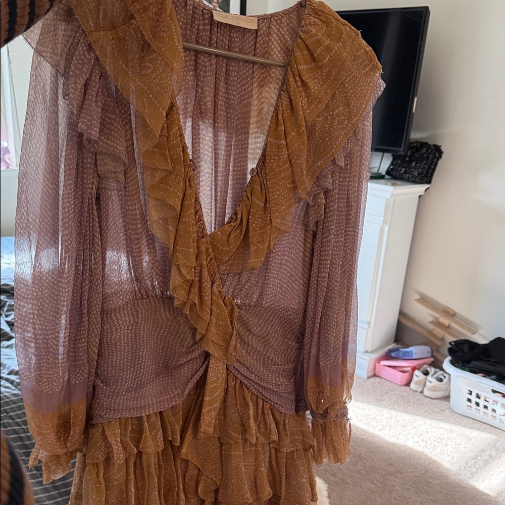 Ulla Johnson Sheer Gold and Brown Ruffled Dress